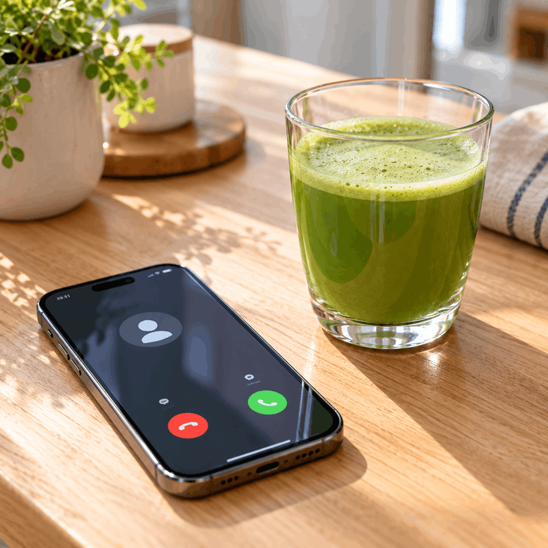 Uno smartphone con una chiamata in arrivo accanto a un bicchiere di bevanda al matcha