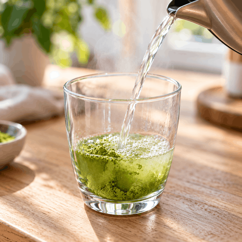 Acqua calda versata nel bicchiere con la polvere verde sul fondo