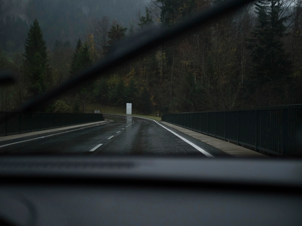 Strada bagnata di montagna vista dall'interno dell'auto in una giornata di pioggia