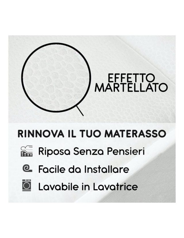 Primo piano del tessuto del topper con effetto martellato: rinnova il tuo materasso, riposa senza pensieri, facile da installare, lavabile in lavatrice