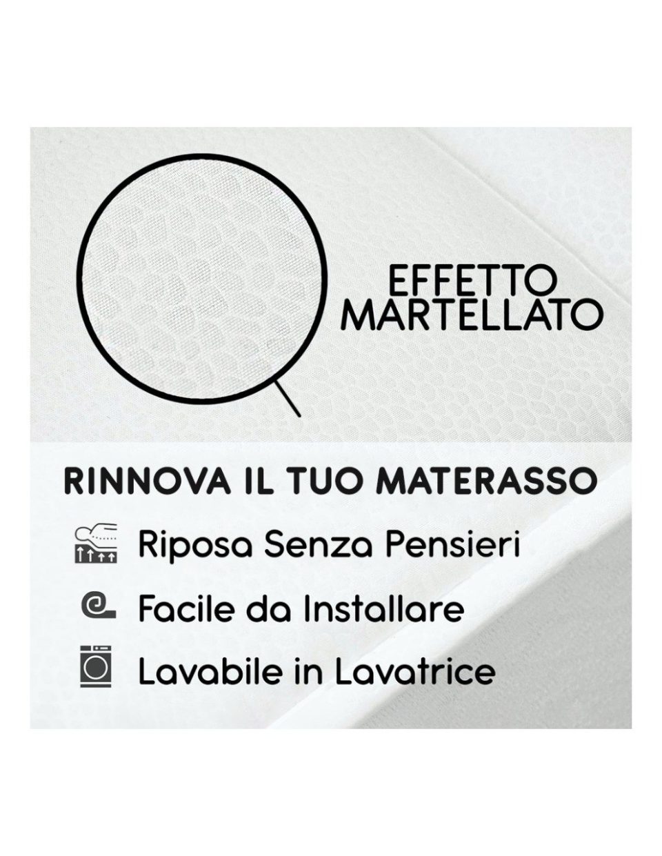 Primo piano del tessuto del topper con effetto martellato: rinnova il tuo materasso, riposa senza pensieri, facile da installare, lavabile in lavatrice