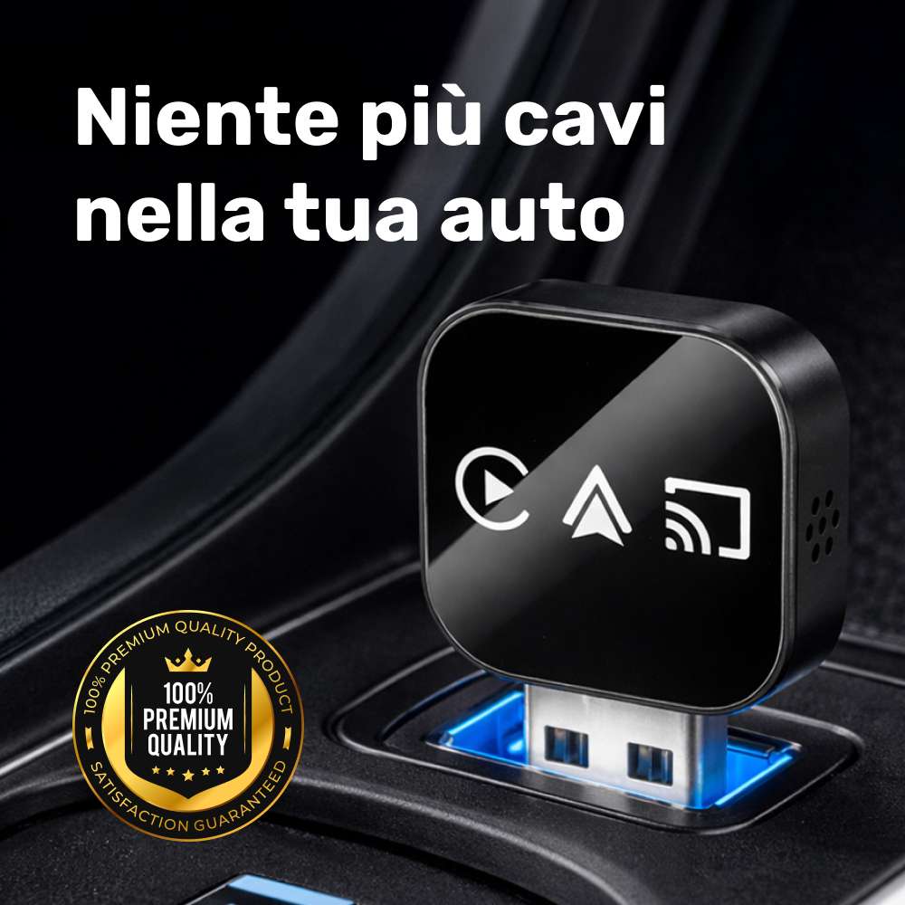 Adattatore DrivePair nero inserito nella porta USB di un’auto, con la scritta Niente più cavi nella tua auto