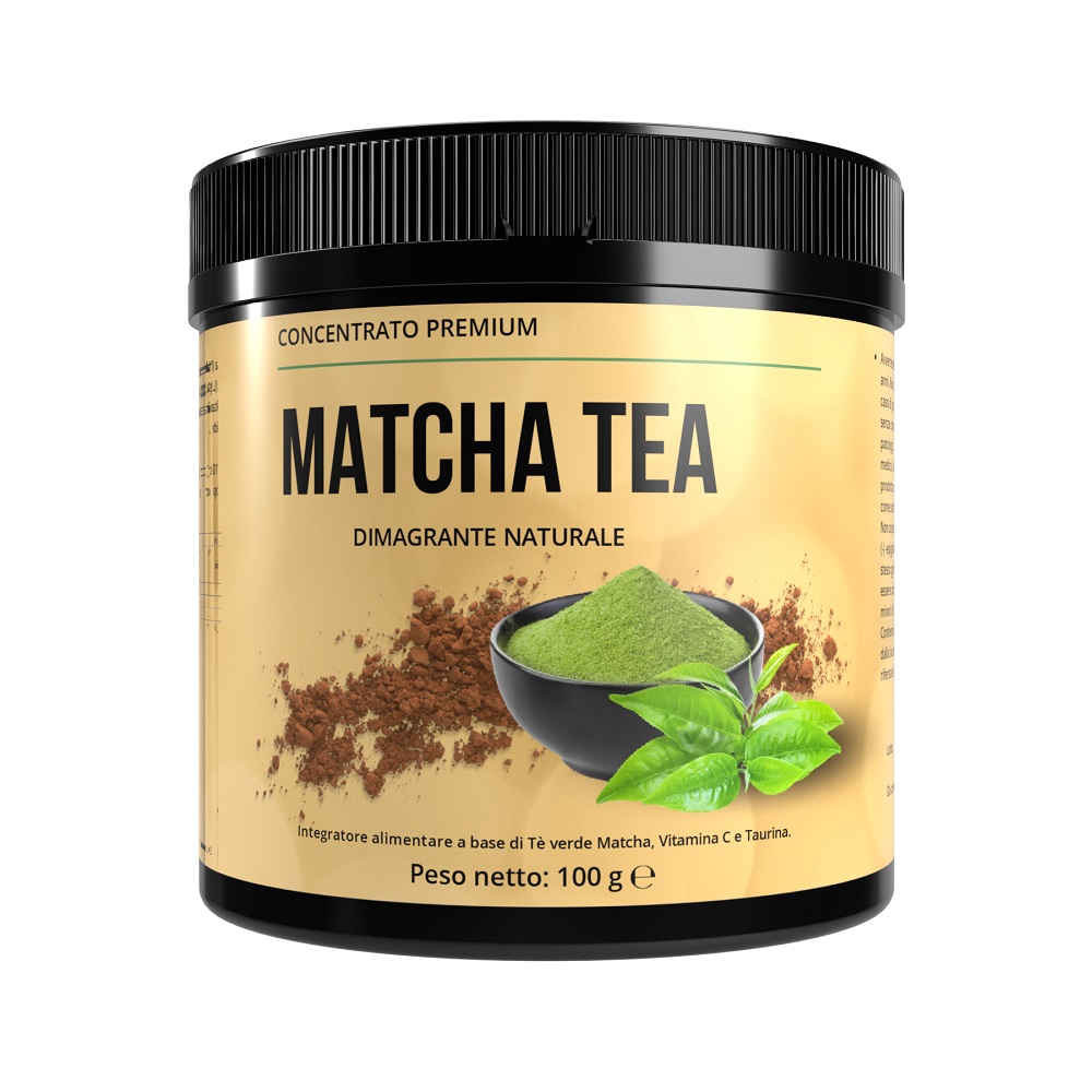 Barattolo di Matcha Tea da 100 g su fondo bianco