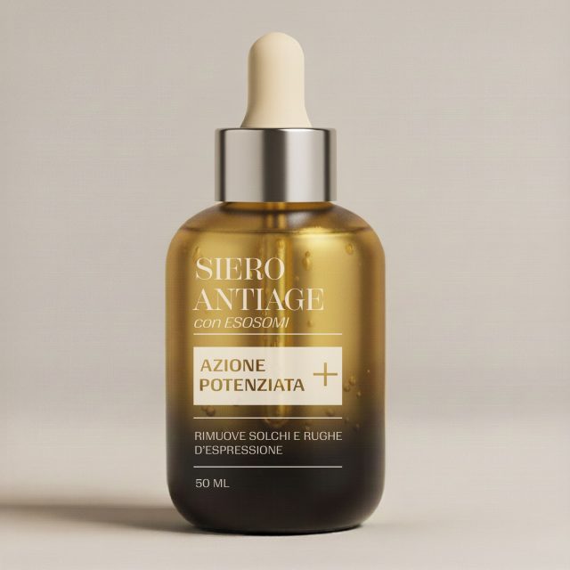 Flacone da 50 ml di Siero Antiage con esosomi su fondo neutro
