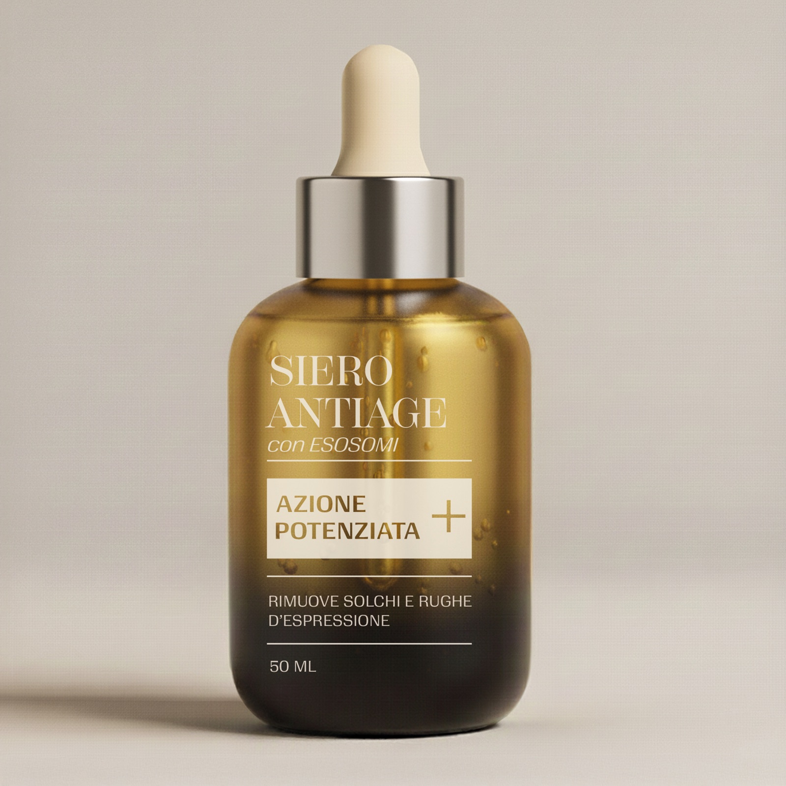 Flacone da 50 ml di Siero Antiage con esosomi su fondo neutro